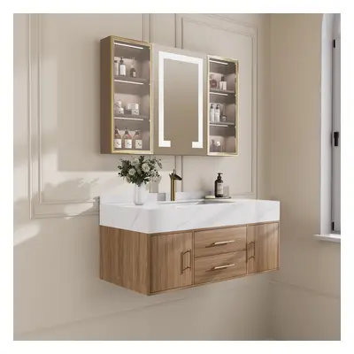 1000mm Floating Ceramic Sink & Stone Top in Walnut & Mixer Tap & Bathroom Cabinet Vanity