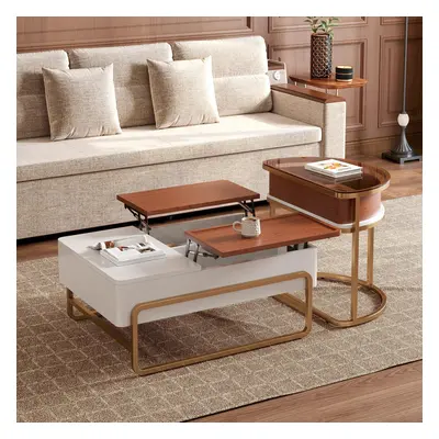 Glass Top Lift Top Nesting Coffee Table Modern Walnut & White