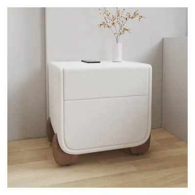 Curva Smart Boucle Nightstand with Wood Legs 2-Drawer Bedside Table in White