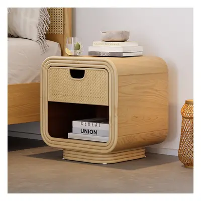 Boho Rattan Wood Natural Nightstand 1 Drawer Bedside Table with Open Storage