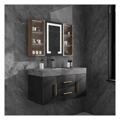 1000mm Floating Ceramic Sink & Stone Top in Black & Mixer Tap & Bathroom Cabinet Vanity