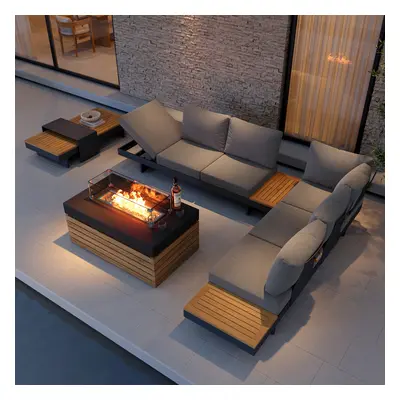 5 PCS L Shaped Outdoor Sectional Sofa Set with Smokeless Propane Fire Pit Table Yard & Patio Fur