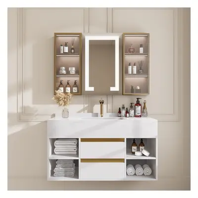 1000mm Floating Ceramic Sink & Shelves in White & Mixer Tap & Bathroom Cabinet Vanity