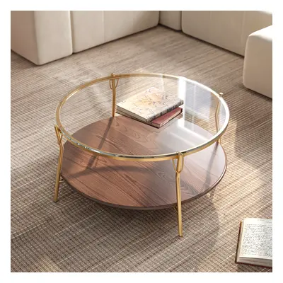 Glass Top Double-Layered Coffee Table with Metal Frame and Wood Layer