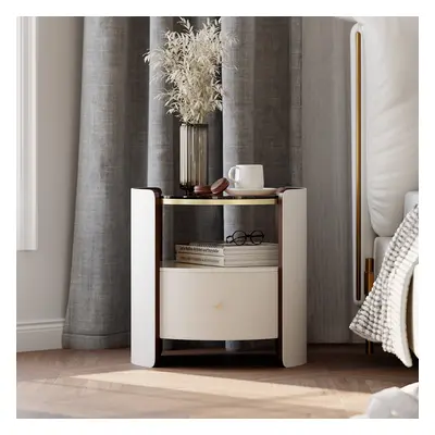 Modern Round White Leather Nightstand with Glass Top & Sintered Stone Bedside with Shelf