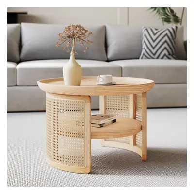 2-Tiered Japandi Round Wood Coffee Table with Rattan Base