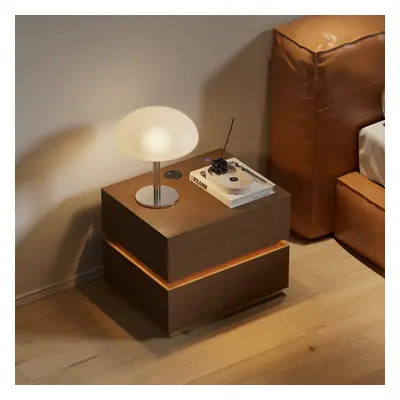 Smart LED Nightstand Wireless Charging Station Wood Bedside Table with Light Modern