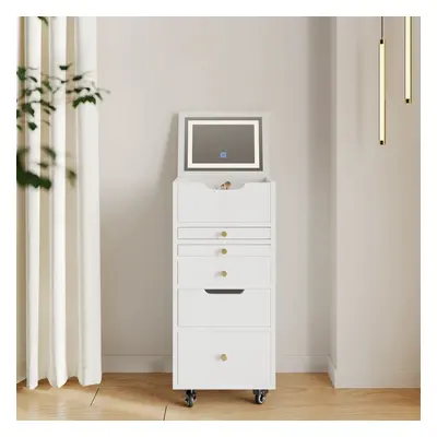 5-Drawer Beauty Cart Tall Dresser with Lighted Mirror Jewelry Storage Cabinet