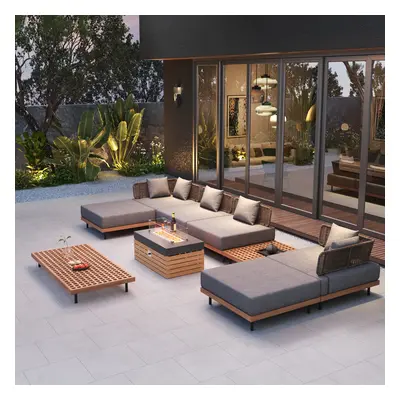 Propane Gas Fire Pit Table with Glass Wind Guard & Gray Outdoor Sectional Sofa Set