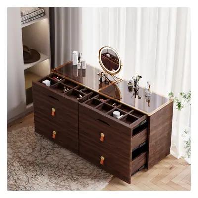 1200mmW Modern Glass Walnut Wood Dresser 6 Drawer Closet Island with Jewelry Display Storage