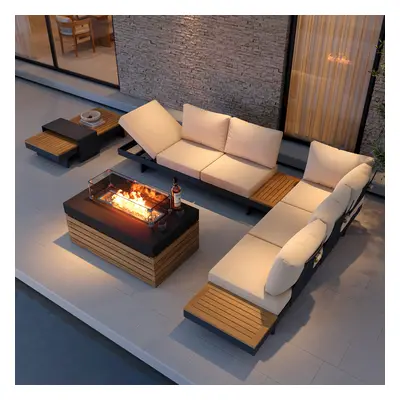 5 PCS L Shaped Outdoor Sectional Sofa Set with Smokeless Propane Fire Pit Table Yard & Patio Fur