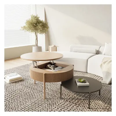 Lift Top Round Nesting Coffee Table Set Mid-Century Modern Natural & Black Coffee Tables