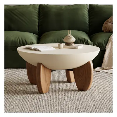 Curva Round Small Modern Beige & Walnut Coffee Table Concrete & Wood Accent Table