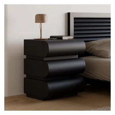 Modern Black Leather Smart Nightstand with Wireless Charger 3 Drawers Bedside Table with USB & T