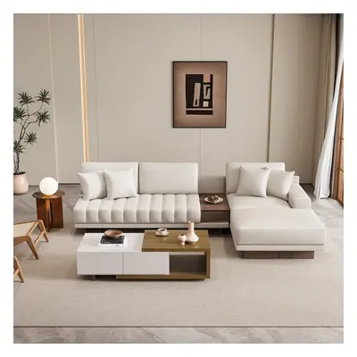 Modular Leather Sectional Sofa Set with Walnut Coffee Table