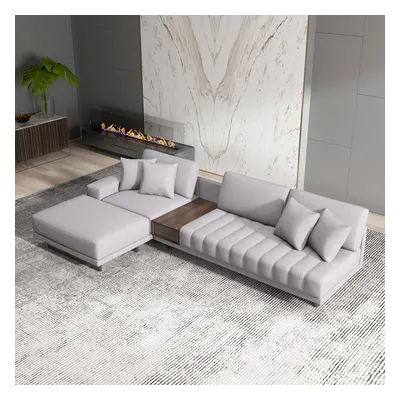 126" L-Shaped Grey Cotton Linen Modular Sectional Sofa with Ottoman for Living Room