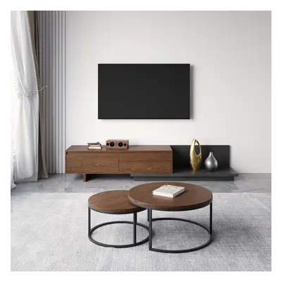 Living Room Set Retracted & Extendable 3-Drawer TV Stand & Round Nesting Coffee Table