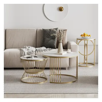 Round Marble Top End Table Modern White Side Table with Metal Frame in Gold Round 2-Piece Nestin