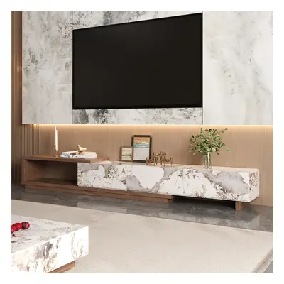 Quoint Modern Sintered Stone TV Stand Retracted & Extendable Media Console Walnut