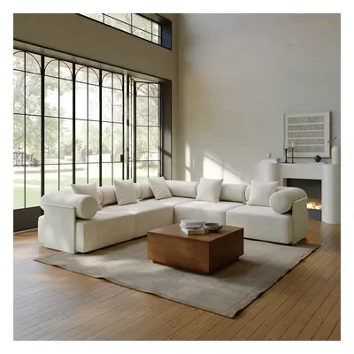 2800mm 5-Piece Modular White Performance Velvet L-Shape Sectional Sofa & Wooden Walnut Coffee Ta