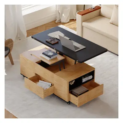 Modern Lift Top Coffee Table Multi Functional Table with 3 Drawers in Natural & Black