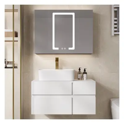 800mm Floating White Wall-mounted Bathroom Vanity & Brushed Gold Deck Mounted Sink Tap