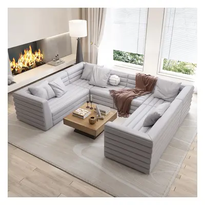 3200mm U-Shaped Modern Grey Microfiber Leather Modular Sectional Sofa for 8 Seaters