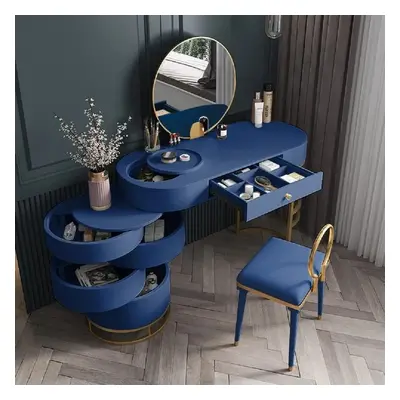 Blue Makeup Vanity Set with Side Cabinet Extendable Dressing Table Mirror & Chair