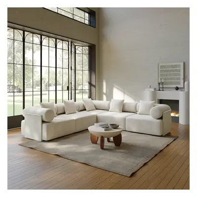 2800mm 5-Piece Modular White Velvet L-Shape Sectional Sofa & Round Concrete Coffee Table