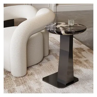 Marble Top C-shape Side Table Modern Black & Silver End Table