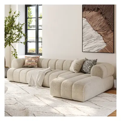 3-Piece 3000mm Channel Sherpa Linen Sectional Sofa with Chaise & Square Coffee Table