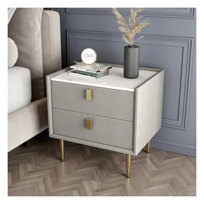 Modern PU Leather Nightstand with 2 Drawers Bedside Table in Light Gray Set of 2