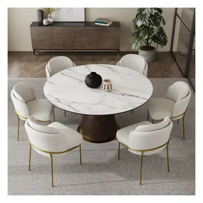 59" Round Marble Dining Table Sintered Stone Top for 6 Person Mid-Century Modern