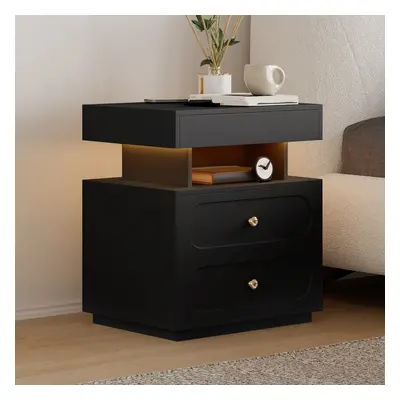 Modern Smart Nightstand with Light 2 Drawer Bedside Table with Charging Station