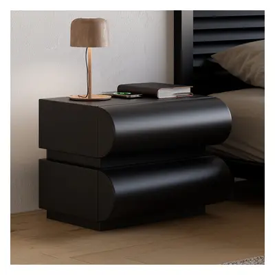 Modern Black Leather Smart Nightstand with Wireless Charger 2 Drawers Bedside Table with USB & T