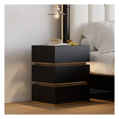 Smart 3-Drawer Nightstand with Charging Station Bedside Table with Light in Black