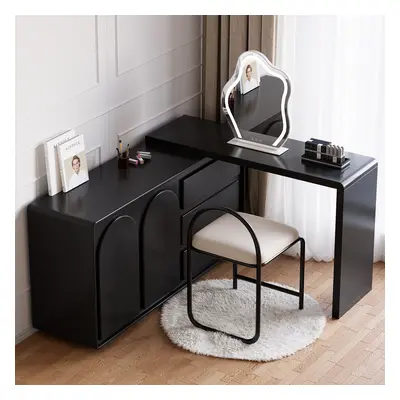 Modern White Makeup Vanity Retractable Dressing Table with Doors & Drawers Beauty Station for Be