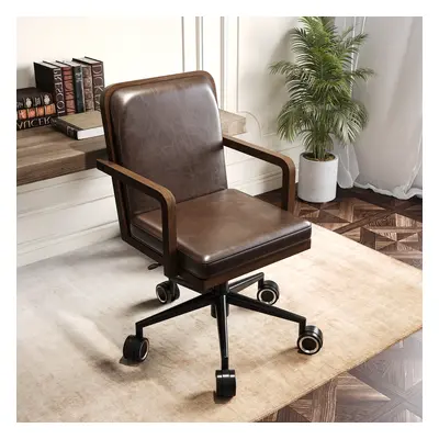 Adjustable High Back Mid-Century Office Chair Faux Leather & Wood Comfy Office Chair in Brown