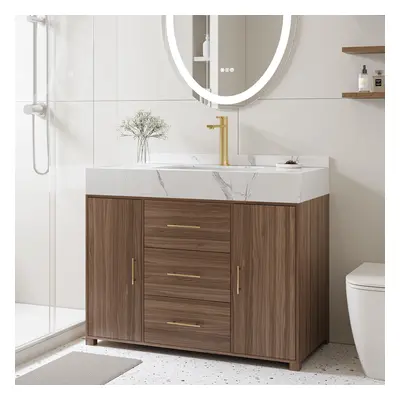 39.3" Floating Bathroom Vanity Cultured Marble Top Bathroom Cabinet Walnut with Sink