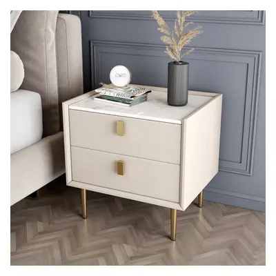 Modern 2 Drawers PU Leather Bedside Table Nightstand with Gold Metal Legs Set of 2