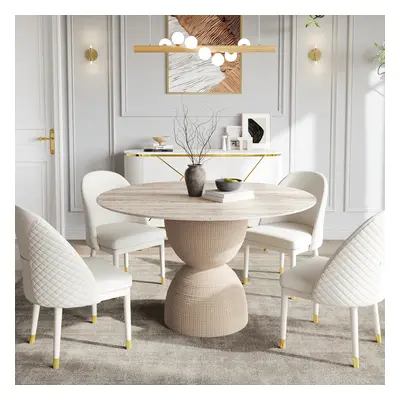 Round Dining Table Sintered Stone Top Modern in Beige