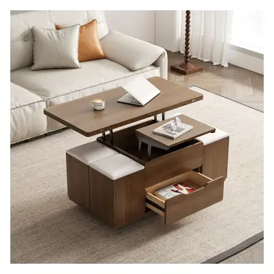 Modern Walnut Lift Top Coffee Table 4 in 1 with Storage Ottoman Foldable and Casters