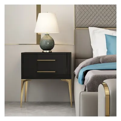 Modern Black Nightstand Glossy 2-Drawer Bedside Cabinet High Legs