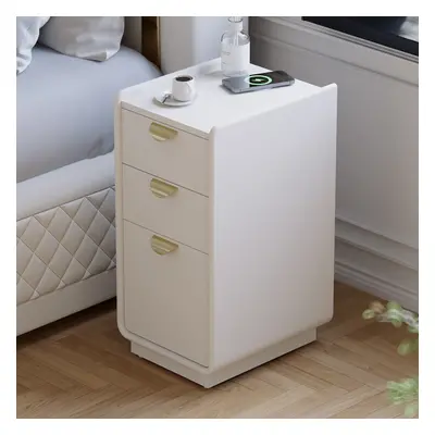 300mm White Leather Smart Narrow Nightstand with Wireless Charger Drawers Bedside Table Set of 2