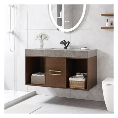 35.4" Floating Bathroom Vanity Walnut with Cultured Marble Vessel Sink with 2 Drawers