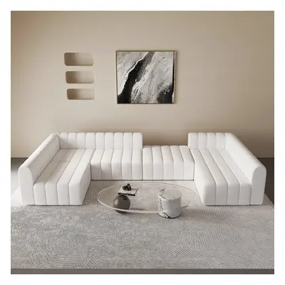 3020mm White Microfiber Leather Modular Pit Sectional Sofa Set Convertible 6-Seater