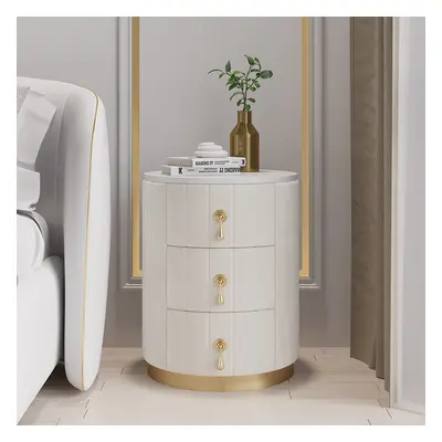 White Velvet Nightstand with Storage Round Nightstand with 3 Drawers Stone Top Set of 2