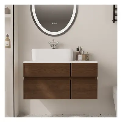 31.5" Floating Bathroom Vanity Cultured Marble Top Walnut with Ceramic Vessel Sink