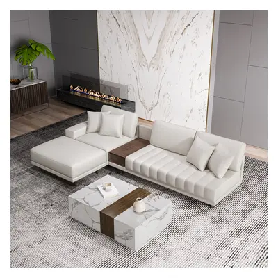 Modular Leather Sectional Sofa Set with Wood Block Coffee Table