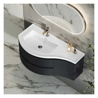 35.4" Floating Curved Bathroom Vanity Wall Mounted Half-Circle Black Bathroom Cabinet with Sink